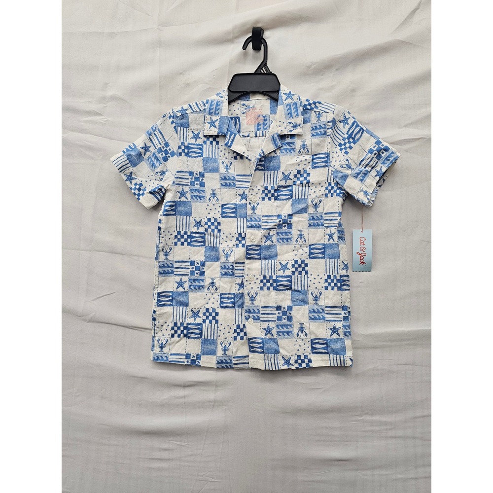 Cat & Jack Boys Short Sleeve Button Down Shirt Blue Linen Blend Casual Size M